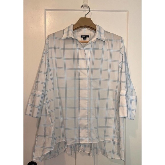 Lands End Womens Popover Top White Windowpane‎ 3/4 Sleeve Collar Stretch Plus 2X - Picture 1 of 9